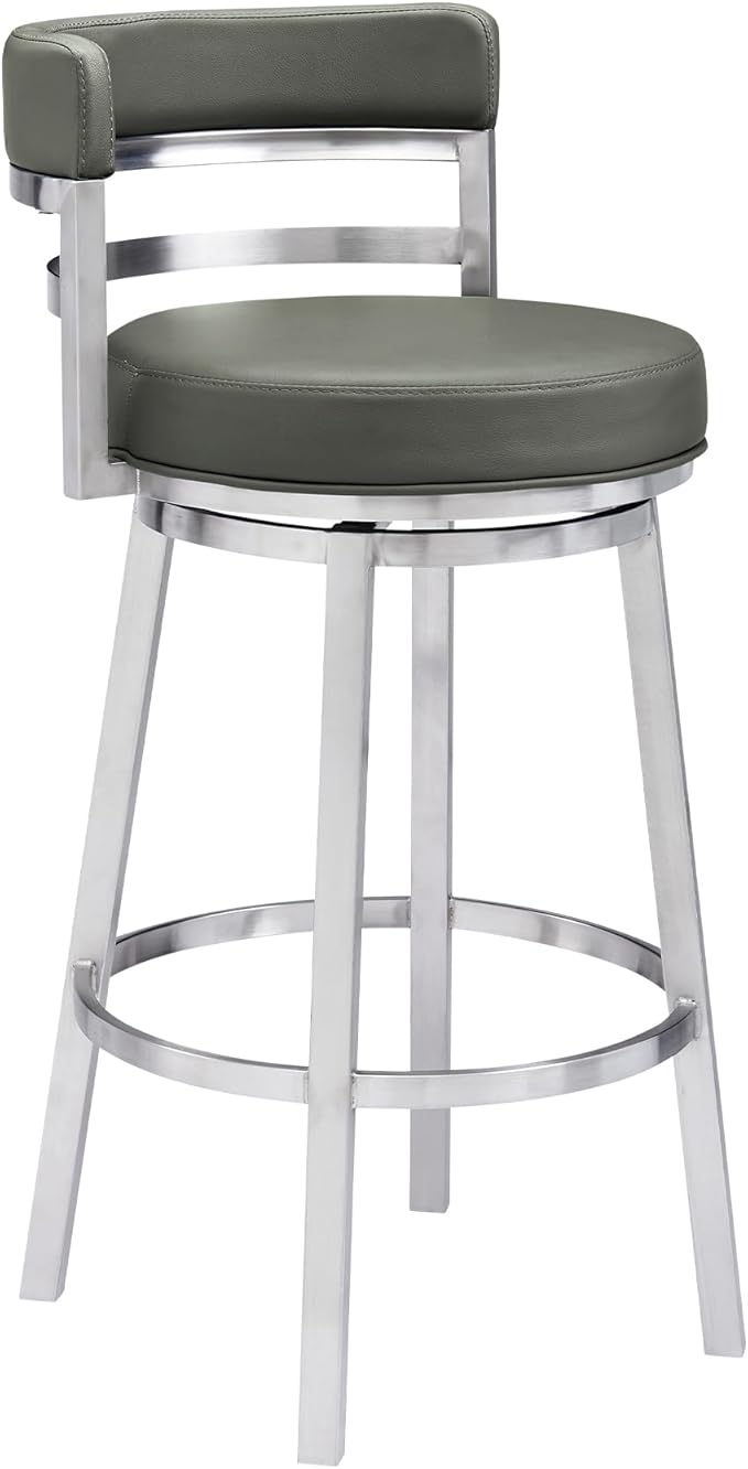 Armen Living Titana 26" Counter Height Swivel Grey Faux Leather and Brushed Stainless Steel Bar Stool
