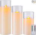 AKU TONPA Pack of 3 Flameless Candles Battery Operated Real Wax Glass Flickering LED Candle Sets with Remote Control Cycling 24 Hours Timer (3" x 8" 10" 12")