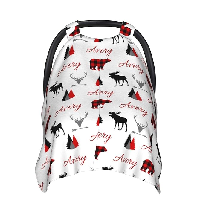 Personalized Plaid Design Adventure Bear and Deer Baby Car Seat Canopy for Babies with Name, Custom Multi-use Blankets for Baby Boys Girls, Peekaboo Minky Nursing Stroller Cover Canopies for Newborn