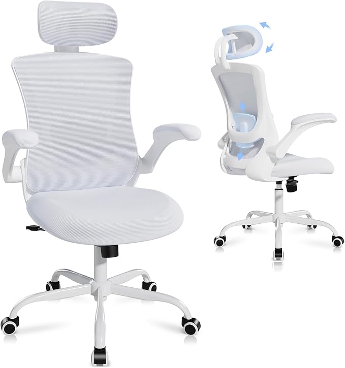Ergonomic Office Chair with Adjustable Lumbar Support & Headrest, High Back Mesh Desk Chair with Flip-Up Armrests, Breathable & Comfortable Computer Chair for Home, Office & Study –White