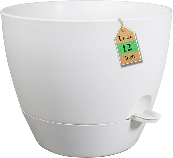 12 inch Large Self Watering Pots, Flower Plant Pots with Multi Mesh Drainage Holes for Indoor Outdoor Garden Plants and Flowers, Plastic Planters with Removable Reservoir, White