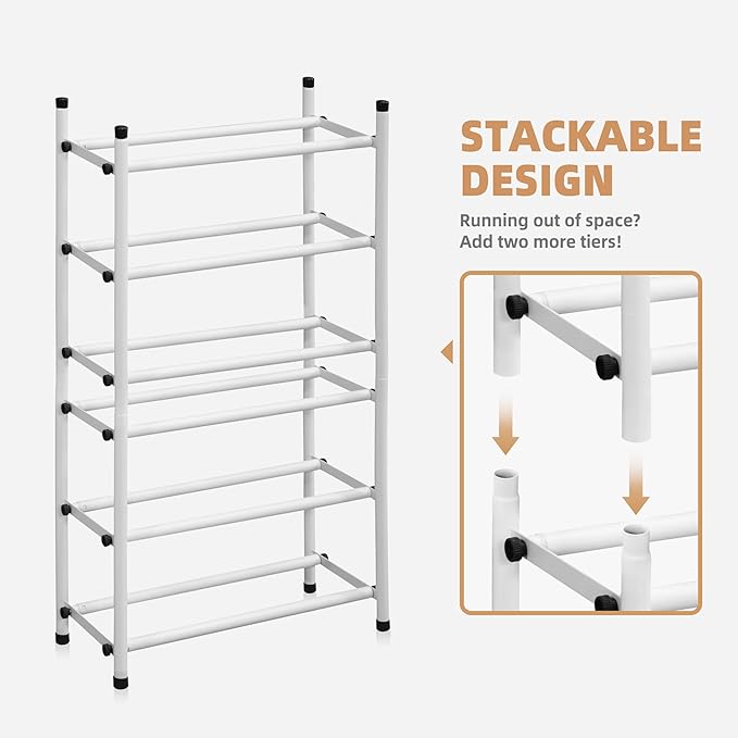 STORAGE MANIAC Expandable Shoe Rack, 12 Pairs Stackable Small Shoe Rack, Metal Adjustable Shoes Organizer for Closet, Entryway, Hallway, Garage, Front Door, Shoes Shelves, White 3 Tier