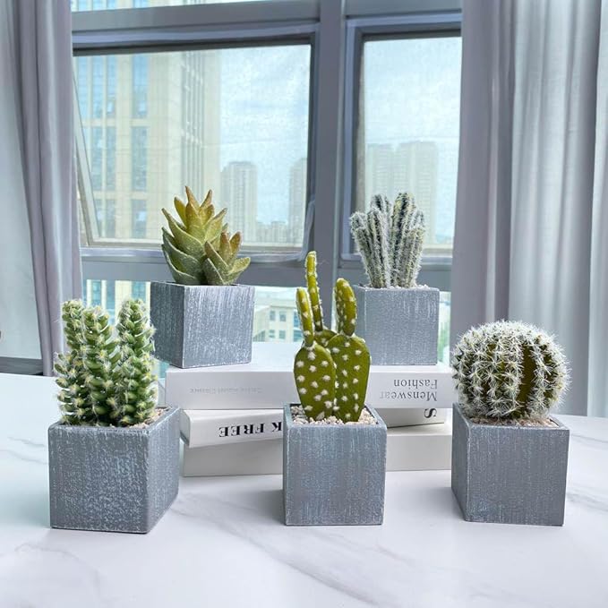 Cactus Artificial Plants in Gray Pots, Realistic Faux Cactus Potted Décor for Home, Office, Kitchen, Living Room, Desk, Shelf, and Indoor Decoration (Spherical)