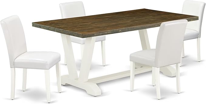 East West Furniture V077AB264-5 5 Piece Dinette Set for 4 Includes a Rectangle Dining Table with V-Legs and 4 White Faux Leather Parson Dining Room Chairs, 40x72 Inch, Multi-Color