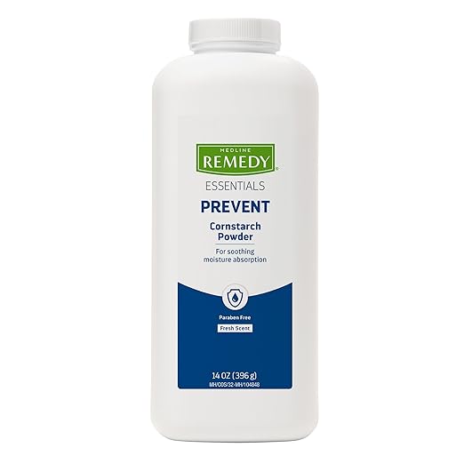Medline Remedy Essentials Cornstarch Powder (14 oz Bottle), 12 Count, Fresh Scent, Talc Free, Shaker Top, Skin Care, Absorbs Sweat, Soothes, Reduces Friction & Chafing, For Adults, Feet, Groin