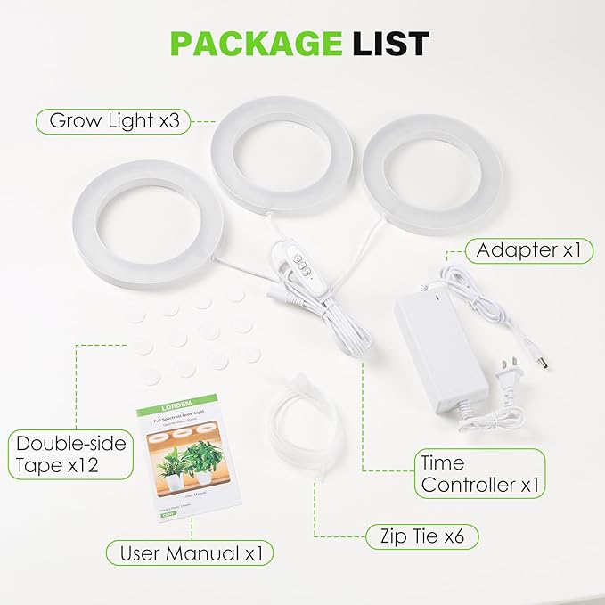 LORDEM 6.3” Ceiling Grow Lamp for Indoor Plants, 216 LEDs Full Spectrum Halo Plant Light, Under Cabinet Grow Lights with 4/8/12H Auto Timer, 3 Switch Modes, 4 Dimmable Brightness Levels, Tri Head