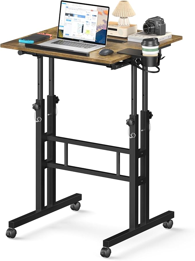 Small Standing Desk with Wheels, Mobile Stand Up Desk, Portable Standing Table on Wheels for Walking Pad, Rolling Computer Desk Adjustable Height, Tall Table