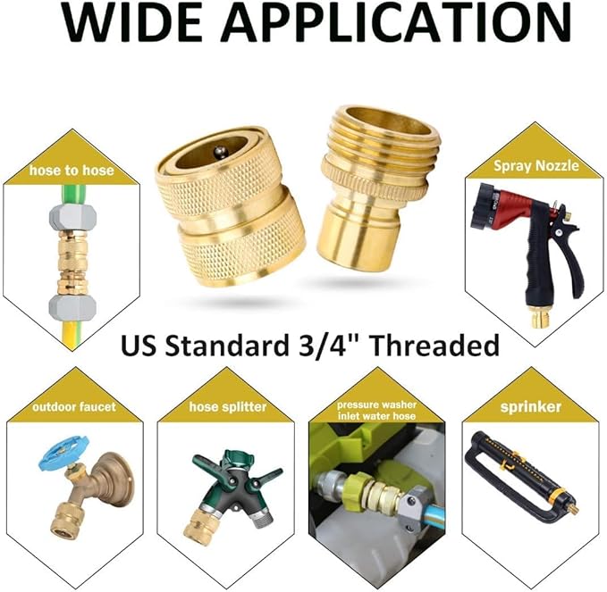STYDDI Brass Garden Hose Quick Connect Fittings with Water Stop, Solid Brass Hose Quick-Connect Fittings with Auto Shut-off, 3/4 Inch GHT Thread Garden Hose Quick Connector Adapters, 3 Female + 6 Male