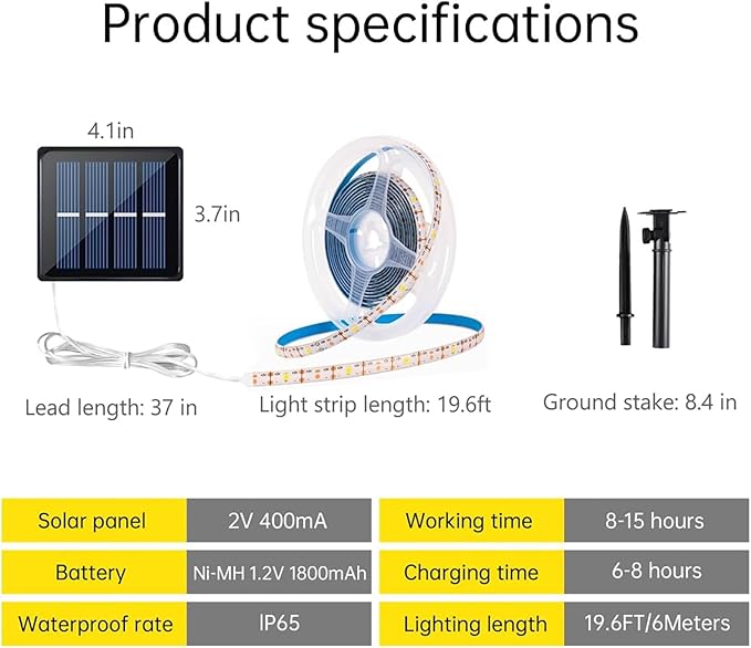 19.8 FT Solar LED Strip Lights Outdoor Waterproof Rope Light 3000K Cuttable & 8 Modes Solar Powered Tape Lighting for Step, Sign, Driveway