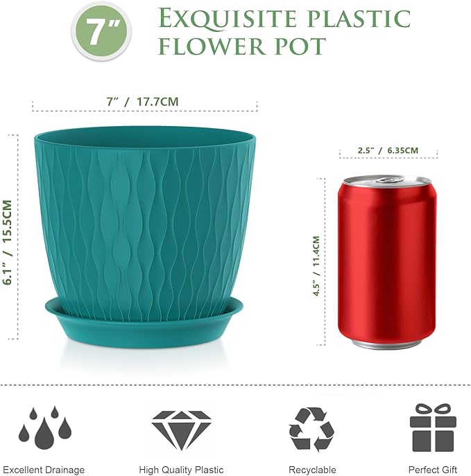 7 inch Flower Pots, 5 Pack Plant Pots with Drainage Holes and Saucers for Indoor Plants, Plastic Planters with Water Ripple for Small Garden House Plants, Nursery Pots for Succulent, Blue Green