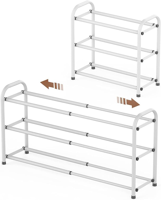 Gonfoam 3-Tier Expandable Shoe Rack,Adjustable Shoe Shelf Storage Organizer Heavy Duty Metal Free Standing Shoe Rack for Entryway Closet Doorway (White)