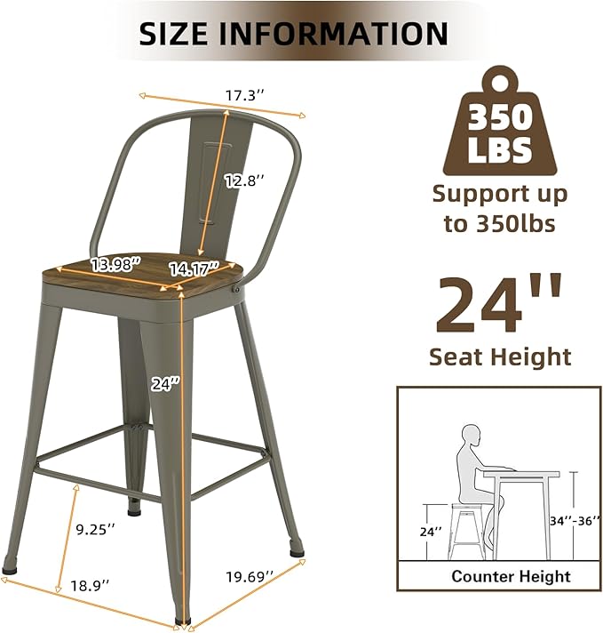 Metal Bar Stools Set of 4, High Back Bar Stools with Wooden Seat, 24 inch Rusty Barstools for Kitchen Island