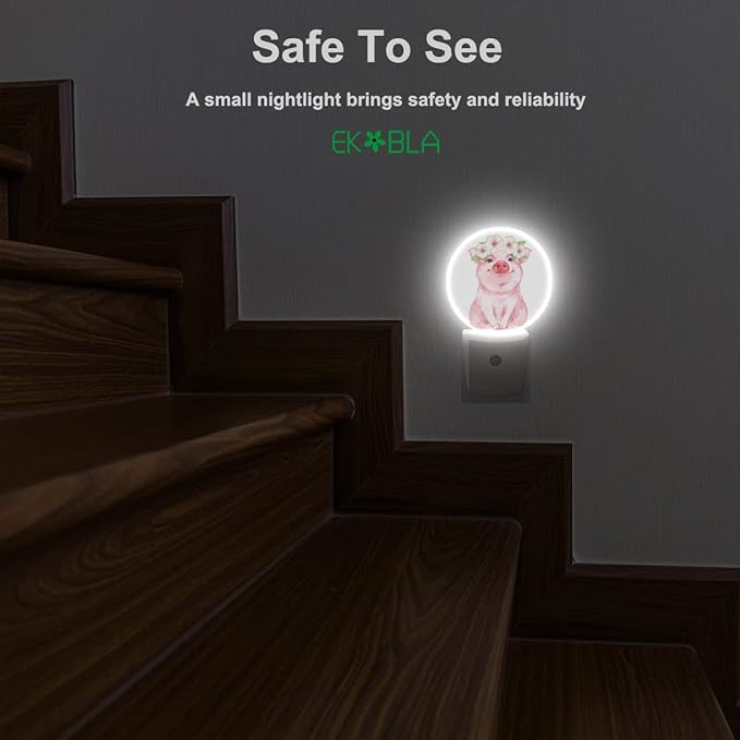 EKOBLA Pig Plug-in Night Light, Cute Pink Piggy & Floral Wreath LED Nightlight with Sensor, 0.5W Sleep Friendly for Gifts