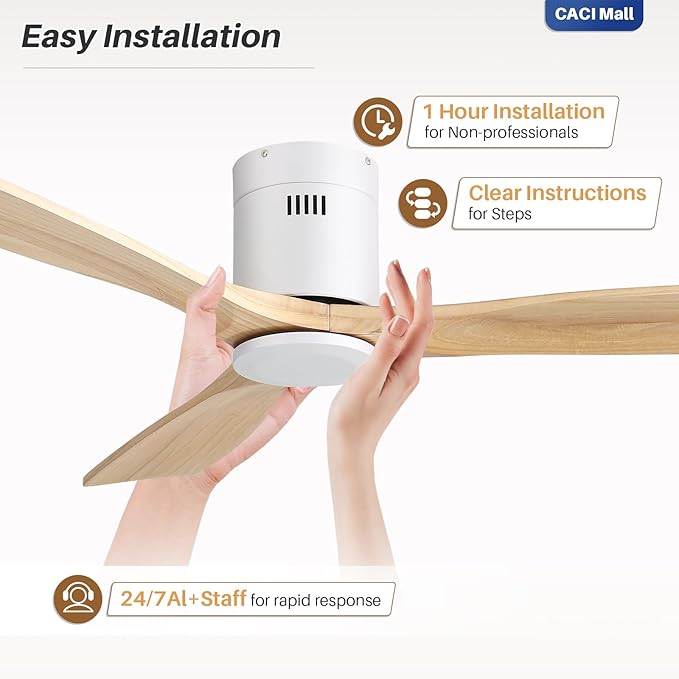 CACI Mall 52 Inch Solid Wood Ceiling Fan without Light, Flush Mount, 3 Blade, Low Profile, Modern, Outdoor/Indoor Ceiling Fans No Light for Bedroom/Farmhouse/Patio