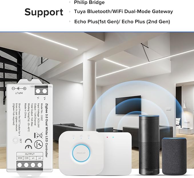 BTF-LIGHTING Tuya Zigbee 3.0 C02Z LED Controller Support CCT 3 pin (+V CW WW) PWM FCOB COB SMD Light Strip Compatible with Echo Plus/4th Gen Philip Gateway DC5V/DC12V/DC24V Max 15A