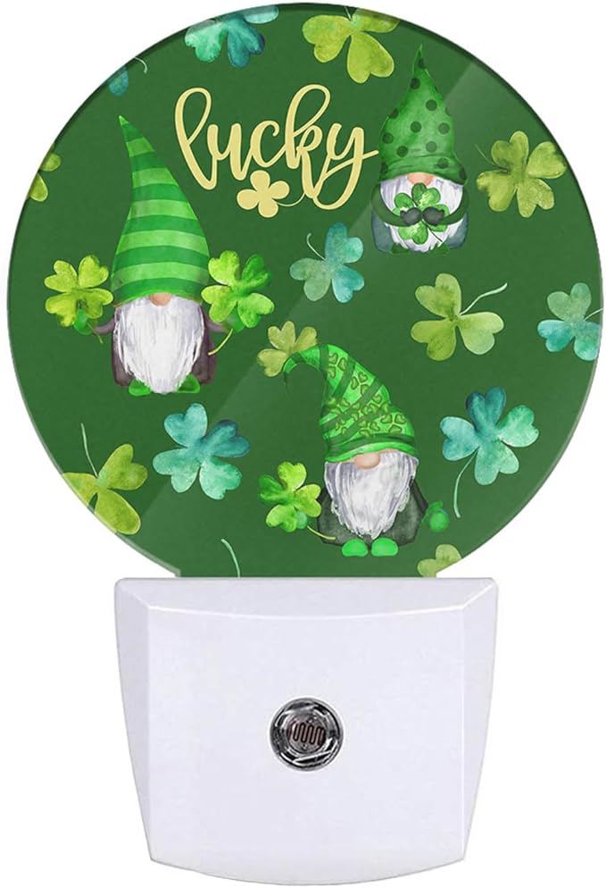 St Patrick Day Cute Gnomes Night Light Lucky Four Leaf Clover Green Night Lights Plug into Wall with Light Sensors Auto on/Off for Holiday Gifts for Boys Girls Women Teen