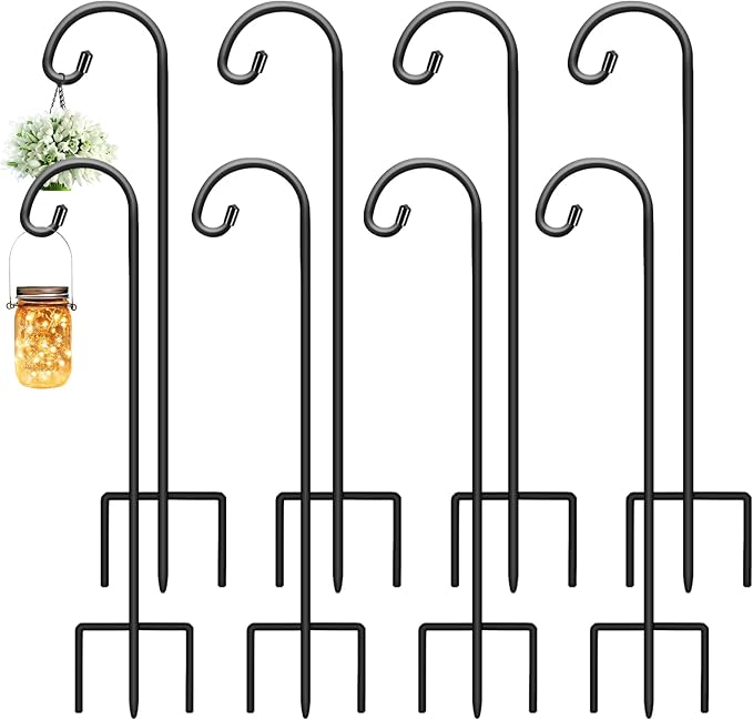Gtongoko 8 Pack Shepherds Hooks for Outdoor 32 Inch Garden Hooks for Hanging Plants, Lanterns, Bird Feeders, Solar Lights, Mason Jars, Weddings Decor, Adjustable, Matte Black