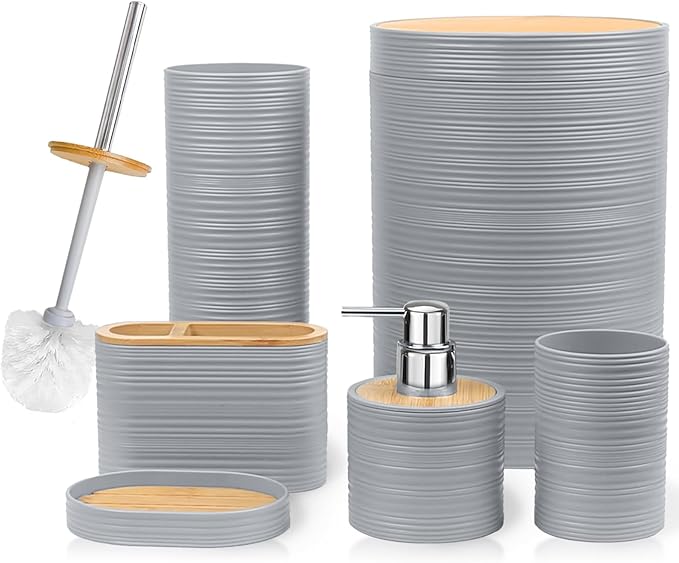 CERBIOR Bathroom Accessories Set 6 Piece Bamboo Bath Ensemble Includes Soap Dispenser, Toothbrush Holder, Toothbrush Cup, Soap Dish for Decorative Countertop and Housewarming Gift, Sriral Grey