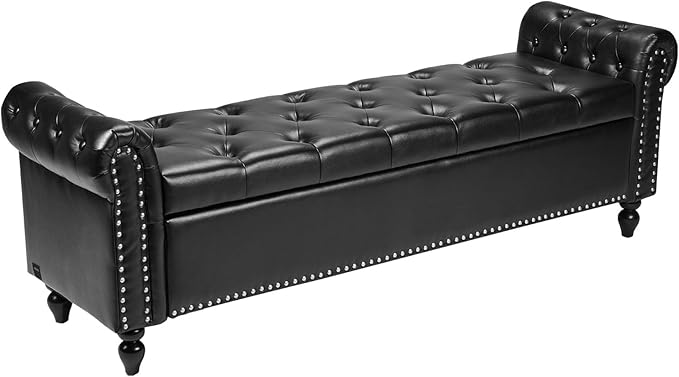 VEVOR Button-Tufted Storage Ottoman Bench, Rolled Arm PU Leather Bench with Solid Wood Legs, Modern Shoe Benches Seat for Entryway, Upholstered End of Bed Benches for Living Room, Dining Room, Black