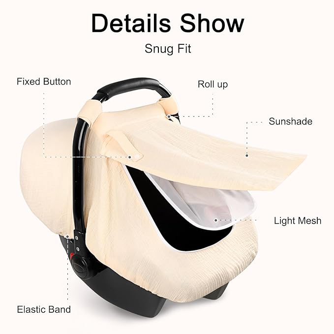 Hooyax Muslin Car Seat Cover Baby - Breathable and Privacy Car Seat Canopy with 3 Modes - Easy Install & Gift Box Packaging, Universal Fit for Infant Car Seats, Apricot