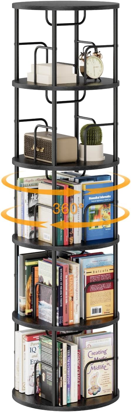 5 Tier Rotating Bookshelf, 360 Display Spinning Corner Bookshelf, Space-Saving Metal Frame Bookcase for Living Room, Office, Bedroom, Black