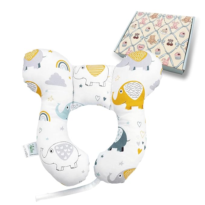 Baby Reversible Travel Pillow for Car Seat & Stroller, Lightweight U-Shaped Comfort Seat Accessory, Elephant Design