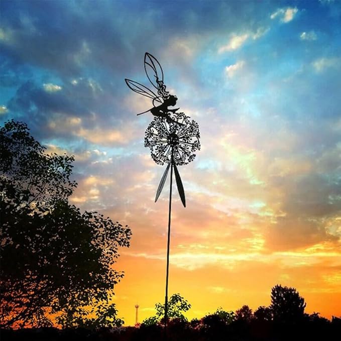 Flower Fairy Dancing with Dandelion Garden Art Sculpture Stainless Steel Statue Christmas Halloween Decoration for Outdoor Yard Courtyard Lawn Patio Metal Ornaments (Hurdle)