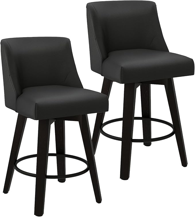Counter Height Swivel Bar Stools Set of 2, 26 Inch Bar Stools with Footrest, Faux Leather Upholstered Barstools with Back and Solid Wood Legs for Kitchen Island, Dining Room,Pub,Black
