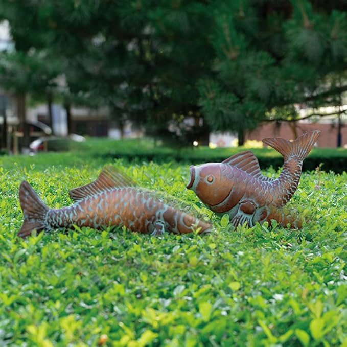 Metal Koi Fish Sculptures, Outdoor Garden Sculptures & Statues, Antique Copper Koi Pond Decor, Set of 2 Koi Fish Figurines Artwork, Garden Statue for Indoor Outdoor Patio Backyard Home Kitchen