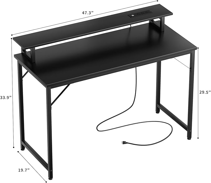 47 inch Computer Desk with Power Outlets, Gaming Desk with LED Lights, Home Office Work Desk with Monitor Shelf, Modern Office Desk Study Writing Table for Small Spaces, Black
