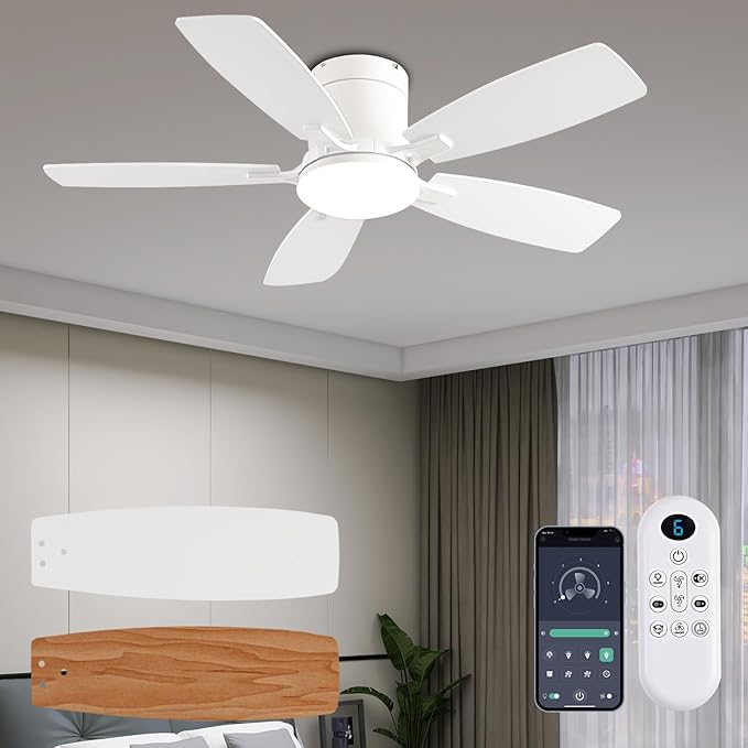 Ayaoty Ceiling Fans with Lights, 42 inch Low Profile Ceiling Fan with Light and Remote Control, Flush Mount, Reversible Motor, Dimmable, Noiseless, White Ceiling Fan for Bedroom, Indoor/Outdoor Use