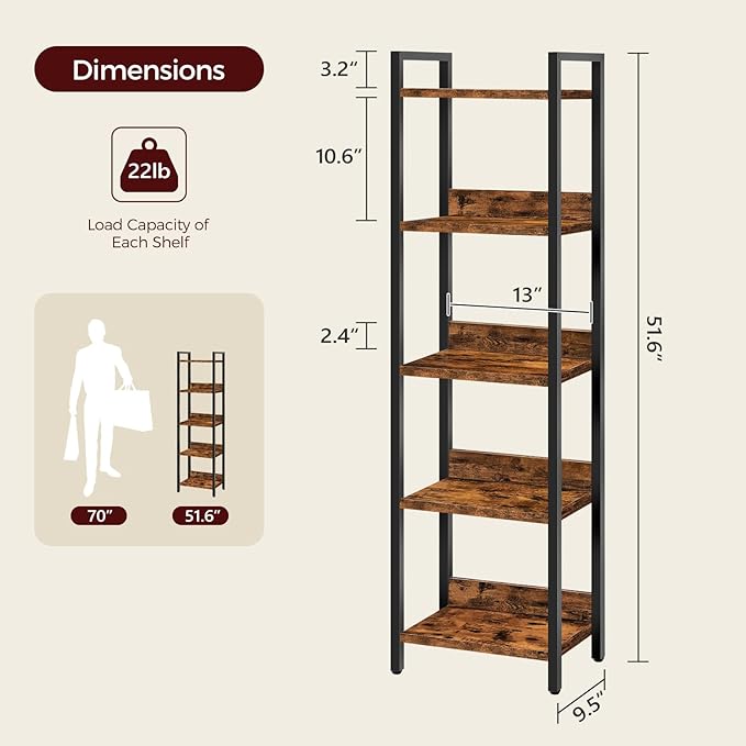 Bookshelf, 5-Tier Bookcase, Standing Book Shelf for Small Space, Storage Shelf Organizer, for Living Room, Bedroom, Study, Balcony, Rustic Brown and Black BKHR5501