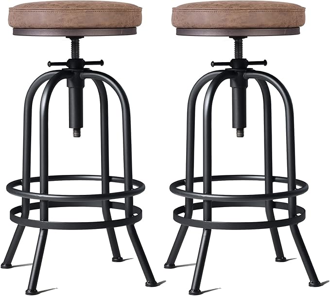 LOKKHAN 32 Inch Vintage Industrial Bar Stool-Swivel Upholstered Metal Bar Height Adjustable Kitchen Counter Breakfast Cafe Stools 2 Pack-Extra Tall 26"-32",PU Leather,Welded
