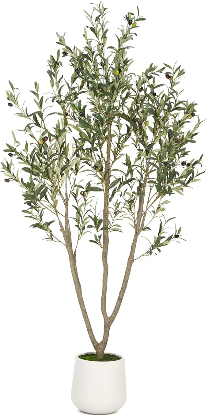 Olive Trees Artificial Indoor, 6FT Tall Faux Olive Tree with White Tall Planter, Artificial Plants with Natural Wood Trunk and Lifelike Fruits for Home Office Decor