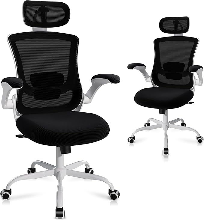 High Back Office Chair with Adjustable Lumbar Support & Headrest, Ergonomic Mesh Desk Chair with Flip-Up Armrests, Breathable & Comfortable Computer Chair for Home, Office & Study, Black