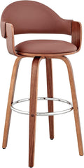 Armen Living Daxton Mid Century Modern Swivel Bar Stool for Kitchen Island Counter in Brown Faux Leather and Walnut Wood, 26" Seat Height