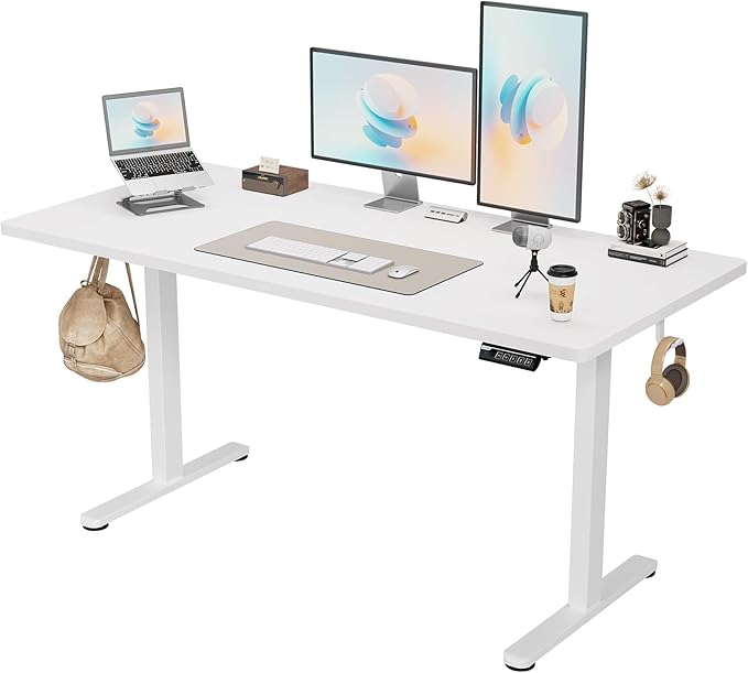 Monomi Electric Standing Desk, 63 x 28 inches Height Adjustable Ergonomic Home Office Sit Stand Up Desk with Memory Preset Controller (White Top/White Frame)