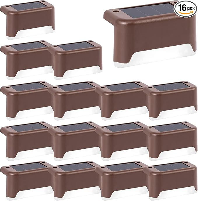 GIGALUMI Solar Deck Lights Outdoor, 16 Pack Waterproof LED Solar Lights for Stairs, Step, Fence, Railing, Yard and Patio (Cool White)