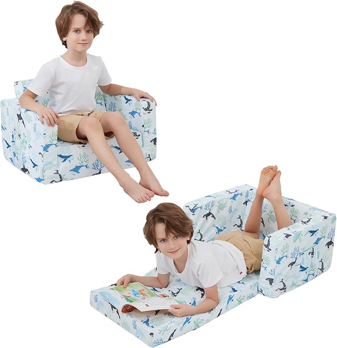 Viviland Kids Chairs for Toddler,2-in-1 Soft Toddler Couch Fold Out,Convertible Soft to Lounger Toddke Chair Comfy for Girls and Boys,Blue Whale