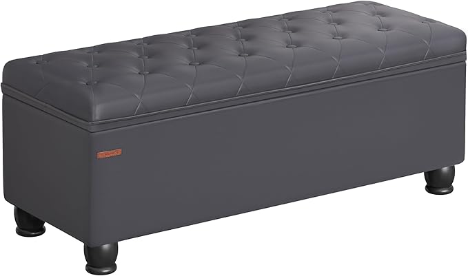 SONGMICS Storage Ottoman, Storage Bench, Tufted Entryway Bedroom Bench, 17.7 x 46.5 x 17.7 Inches, Hinges Easy Lid Operation, Wooden Legs, Synthetic Leather, Loads 330 lb, Dark Gray ULOM071G01