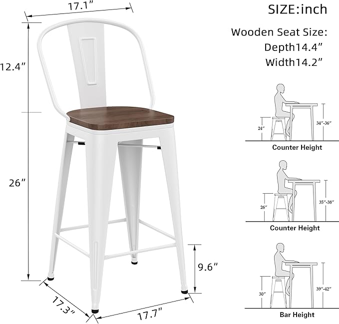 Yongqiang 26 inch Metal Bar Stools Set of 4 Farmhouse Kitchen Island Counter Height Bar Chairs High Back Barstools with Large Wooden Seat Cream White