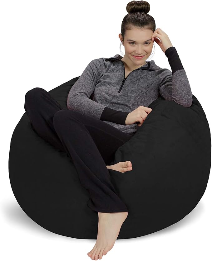 Sofa Sack Bean Bag Chair Cover Only, for Adults and Kids, Without Filling Comfy Fluffy Round or Oval Beanbag Chair Cover Replacement, Lazy Sofa Cover for Reading Chair or Floor Chair, 3 Foot, Black