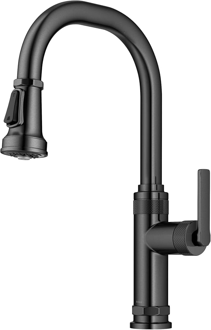 KRAUS Allyn Industrial Pull-Down Single Handle Kitchen Faucet in Spot-Free Black Stainless Steel, KPF-4102SFSB