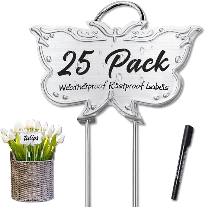 Metal Plant Labels, Tall Outdoor Butterfly Garden Markers for Flowers, Fruits and Vegetables, 304 Stainless Steel Weatherproof Signs (25 Packs, 4" x 2.3", Silver Butterfly Design)