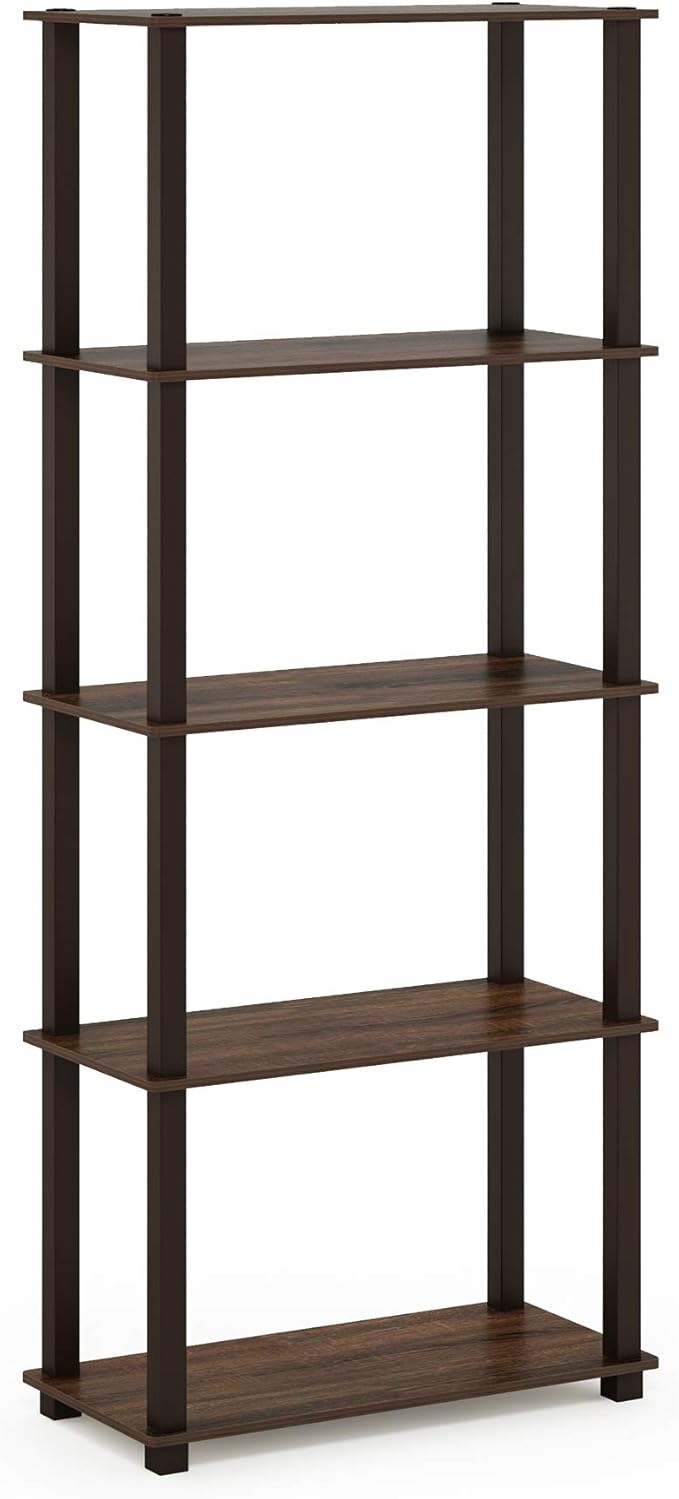 Furinno Turn-N-Tube 5-Tier Multipurpose Shelf / Display Rack / Storage Shelf / Bookshelf, Square Tubes, Walnut/Brown