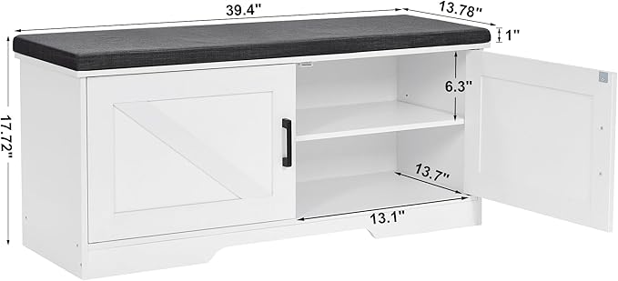 2-Tier Storage Bench, Shoe Bench with Padded Seat Cushion, Entryway Bench with 2 Barn Doors, Adjustable Shelf, 13.8" D x 39.4" W x 17.7" H, for Entryway, Living Room, Bedroom, White