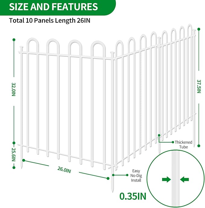 10 Panels Decorative Garden Fence with Gate, 32 in (H) x 21.6 ft (L) Metal Thick Tube No Dig Dog Fence Outdoor for Yard, Rustproof Tall Animal Barrier Fencing, Garden Edging Border for Yard, White