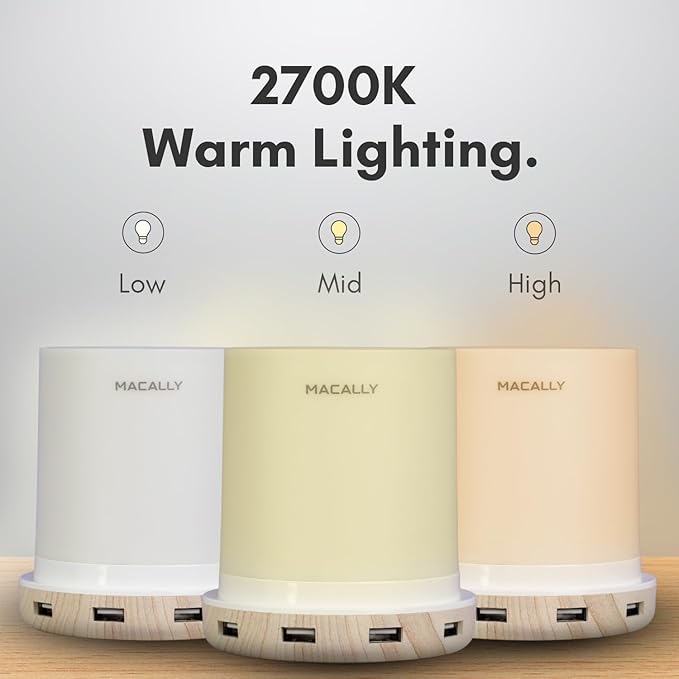 Macally Small Touch Lamps for Nightstand - Bedside Lamp with USB Port - 3 Way Dimmable Short Table Lamp for Small Spaces - Use as Night Light and Charger in Bedroom