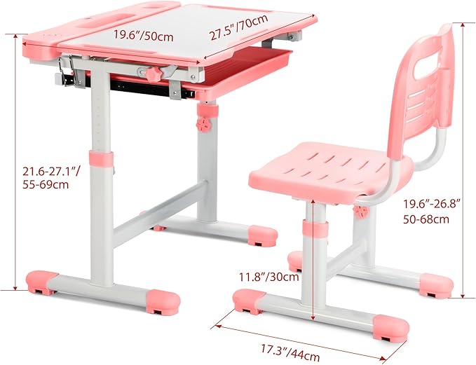 Rengue Kids Desk and Chair Set Height Adjustable Children School Study Desk and Chair with 55° Tiltable Desktop, 3 Mode & Brightness LED Lamps, Storage Drawer & Metal Hook for Boys Girls Gifts (Pink)