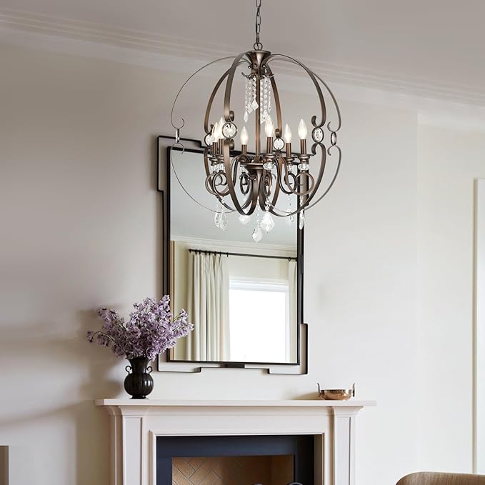 Oil-Rubbed Bronze Crystal Chandeliers for Dining Room Light Fixture, 6-Light 26 Inch Sphere Vintage Chandelier for Kitchen Island, Living Room, Foyer, Staircase, Entry, Villa